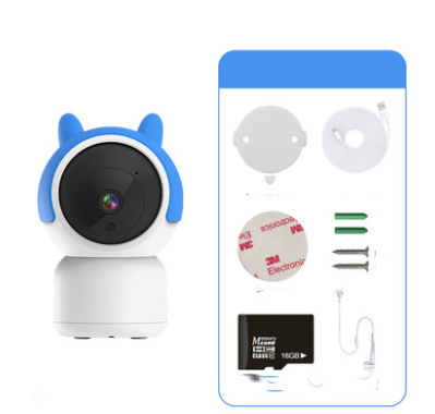 Cute baby camera with blue ears next to installation kit, including a circular mount, USB cable, adhesive pads, screws, wall plugs, and a 16GB microSD card.