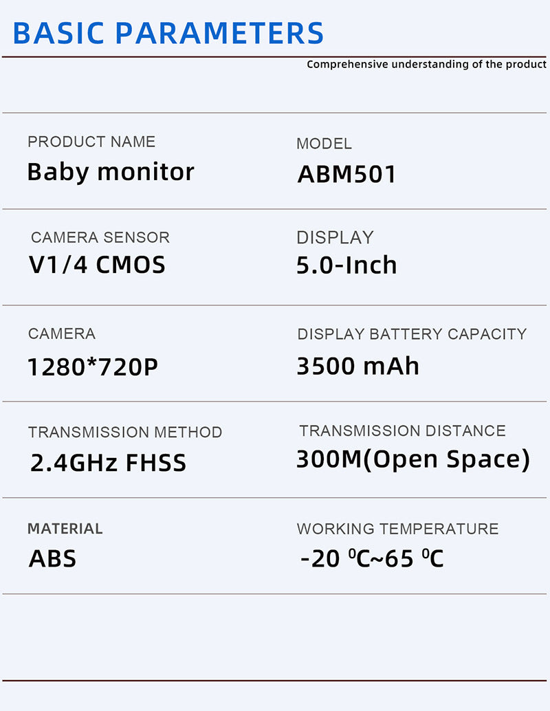Spec sheet for baby monitor ABM501: V1/4 CMOS sensor, 5-inch display, 1280x720P camera, 3500 mAh battery, 2.4GHz FHSS, 300m range, ABS material, -20°C to 65°C working temp.