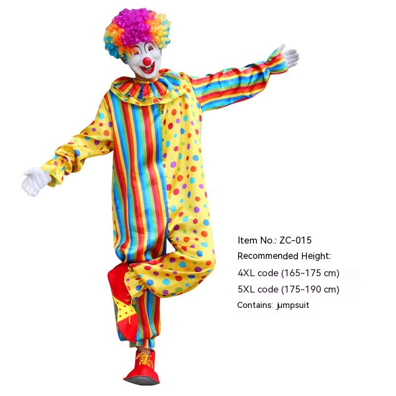 Clown costume with a colorful wig and makeup, wearing a jumpsuit with rainbow stripes and polka dots. Includes recommended sizes and item number details.