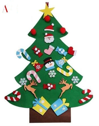 Felt Christmas tree adorned with colorful decorations including Santa faces, candy canes, reindeer, snowflakes, and presents, topped with a yellow star.