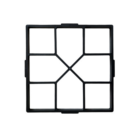 Black plastic mold with six rectangular sections arranged around a central point, resembling a geometric pattern. It is isolated on a white background.