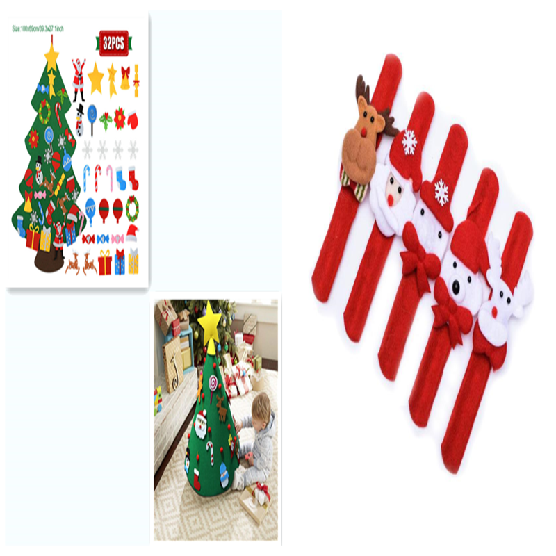 Felt Christmas tree with 32 detachable ornaments and a star, alongside a toddler decorating it. Also shown are five red festive slap bracelets featuring reindeer, Santa, and snowman designs.