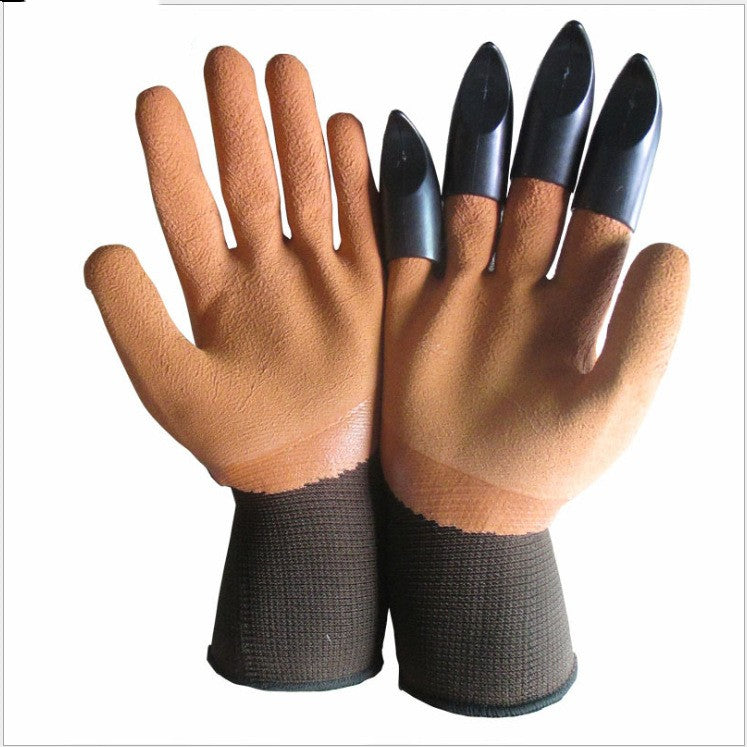 Brown gardening gloves with black plastic fingertips on the right glove, designed for digging. The gloves have black fabric cuffs for wrist support.