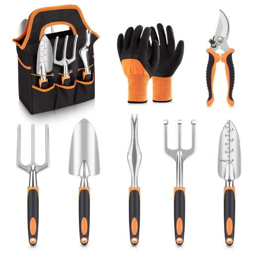 Gardening tool set with a tote bag includes gloves, shears, trowels, and hand rakes. Tools feature black and orange rubber grips, and the tote has multiple compartments.