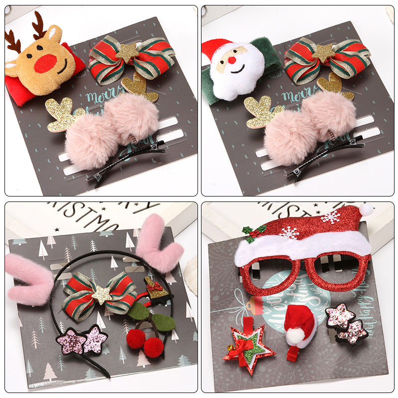 Four sets of festive hair accessories include reindeer and Santa clips, pink pom-poms, a headband with antlers and cherries, and red glitter glasses with holiday-themed pins.