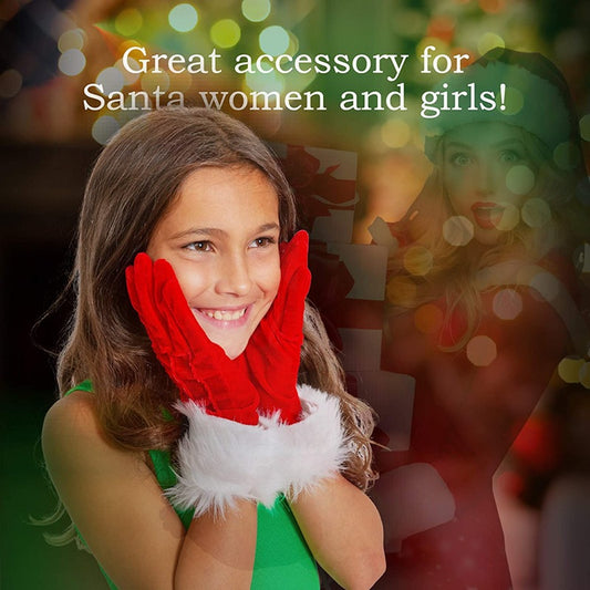 Smiling girl in a green dress wears red gloves with white fur cuffs, posing joyfully against a festive background, text reads "Great accessory for Santa women and girls!"