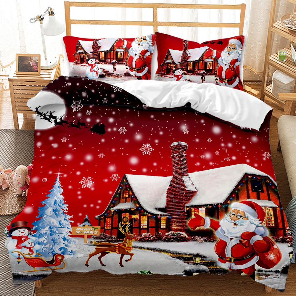 Festive bedding with Santa, reindeer, snowman, and cottage scene on a red background, complete with a snowy night sky and Santa's sleigh silhouette in the distance.