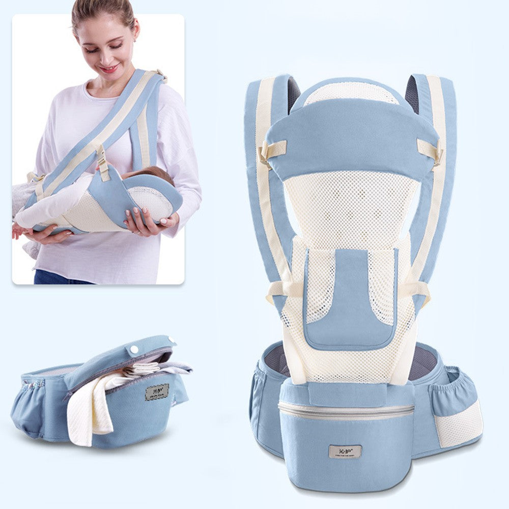 A baby carrier set in blue and white features an ergonomic design with adjustable straps. An inset image shows a woman using the carrier to hold a baby.