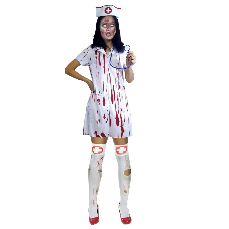 A person wearing a bloody, tattered nurse costume with a zombie-like face. The costume includes a white dress, matching hat, torn stockings, and red high heels.
