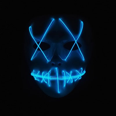 A black mask with glowing blue LED lines forms Xs over the eyes and stitches across the mouth, set against a dark background, creating a futuristic and mysterious appearance.