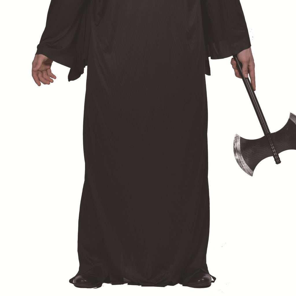 Person in a long black robe holding a large double-sided axe with a metal blade. The image focuses on the lower half, showing hands, robe details, and the axe's design.