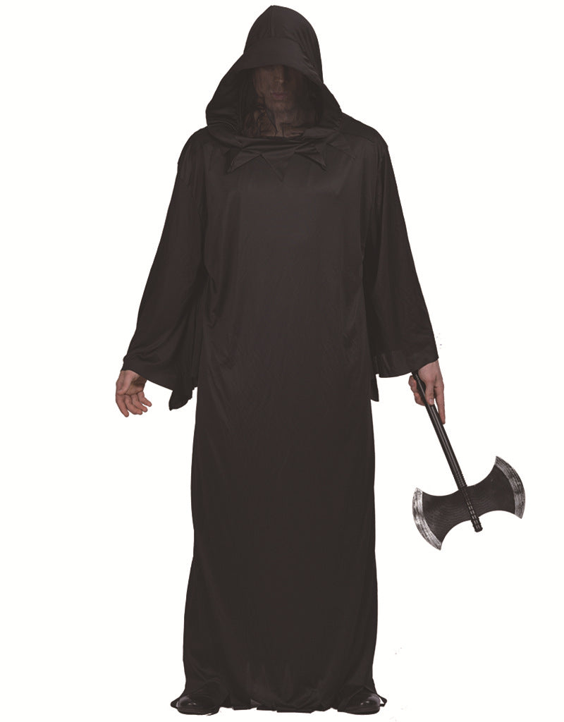 Person in a black hooded robe with a partially obscured face, holding a large double-headed axe. The costume is designed for a dark, mysterious appearance.