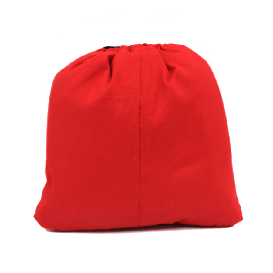 Red drawstring bag with a smooth fabric surface, cinched at the top, set against a white background.