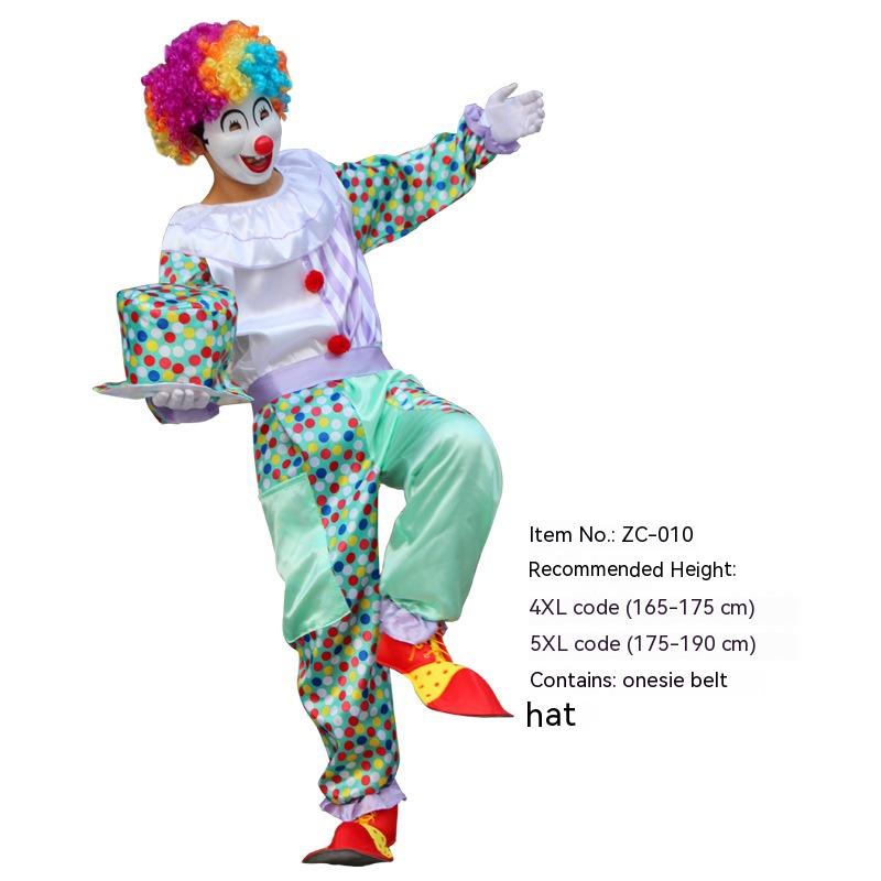 Clown in colorful outfit with polka dots, holding a matching hat. Wears a curly rainbow wig and oversized shoes. Text includes item number and recommended height range.