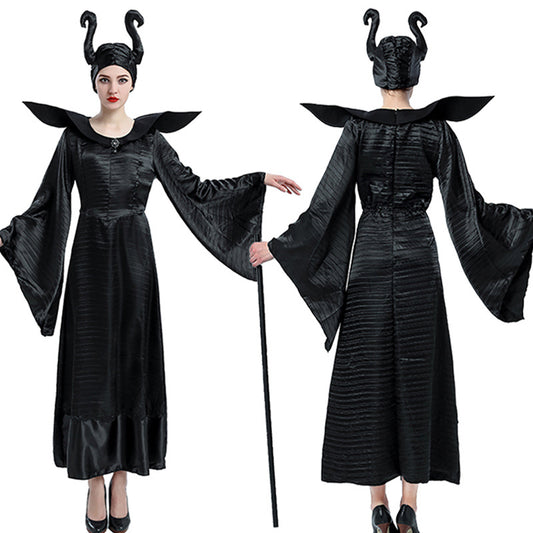 Person in a long black gown with dramatic sleeves, wearing a headpiece with curved horns. The costume is shown from the front and back, paired with black heels.