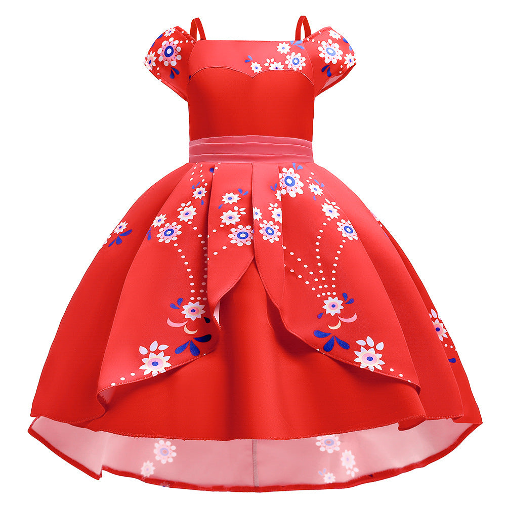 Red A-line dress with floral patterns in white and blue. Features off-shoulder sleeves, layered skirt with a high-low hem, and decorated with scattered small flowers.