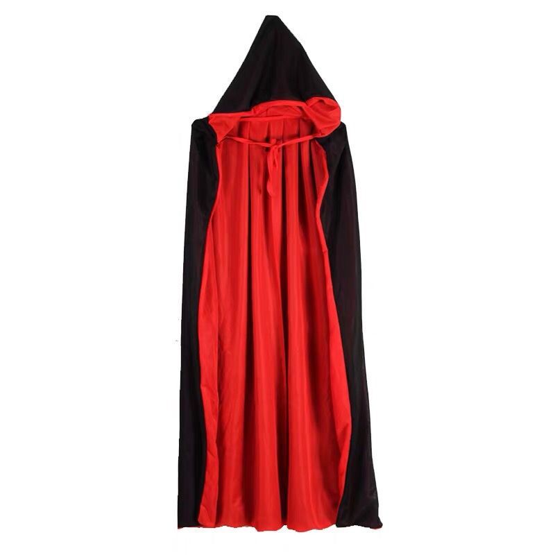 A black and red hooded cape with a tie closure, featuring a black outer layer and vibrant red inner fabric, suitable for a costume or themed event.