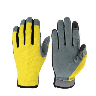 Yellow and gray work gloves with black detailing. The left glove shows the palm side, while the right displays the back. They feature a textured design for grip and comfort.
