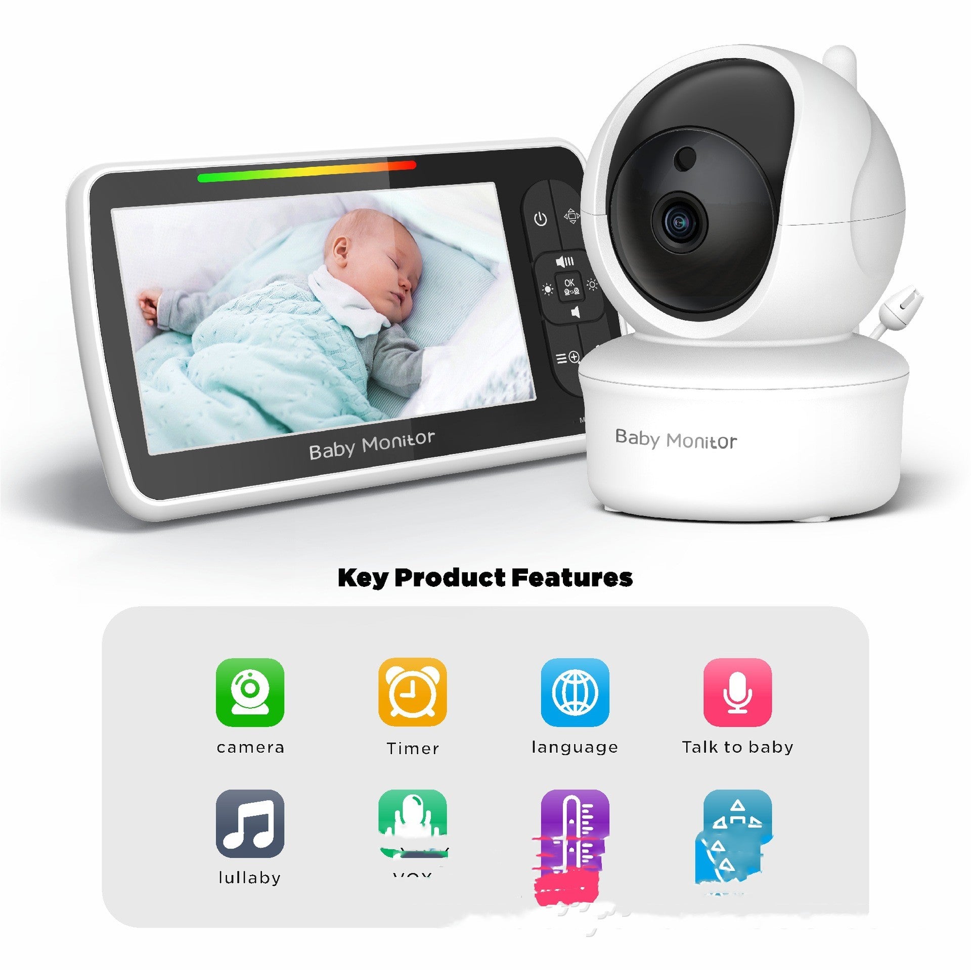 Baby monitor with a camera and display showing a sleeping baby. Features include camera, timer, language, talk to baby, lullaby, VOX, temperature, and alerts.
