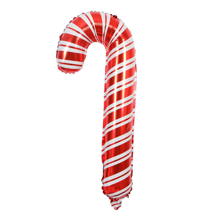 Red and white striped candy cane balloon with a glossy finish, shaped in the iconic hook design, isolated on a white background.