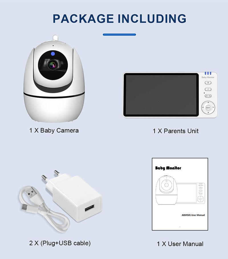 Package includes a baby camera, parent unit, two USB cables with plugs, and a user manual. Items are arranged on a light blue background with labels underneath.
