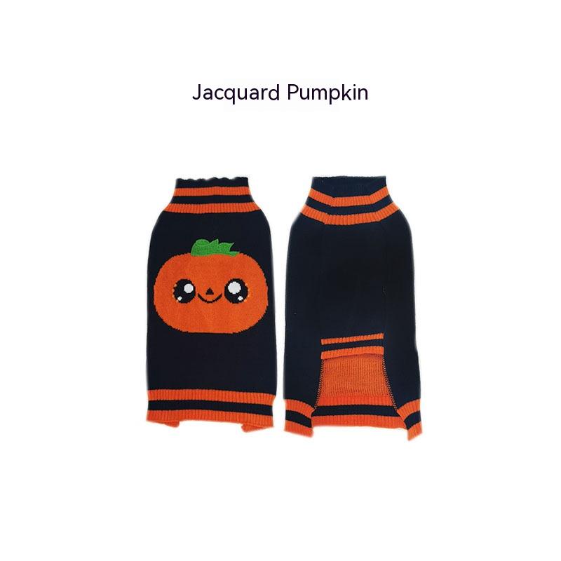 Two dog sweaters with a pumpkin pattern. Both are navy blue with orange accents. The front features a smiling pumpkin, and the back has a neckline and orange trim.