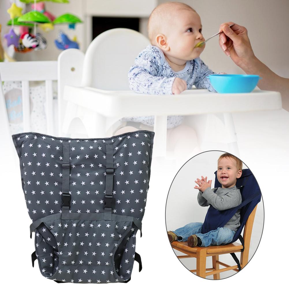 Baby being fed in a highchair with a blue bowl. Below is a star-patterned portable highchair cover. Inset shows a toddler sitting on a chair using the cover, clapping hands.