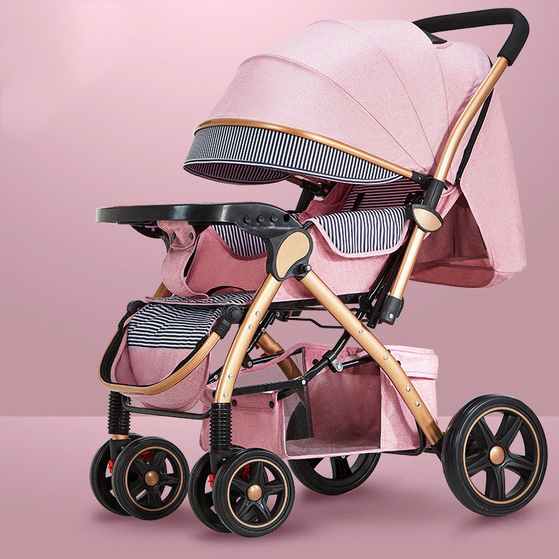 A pink and gold baby stroller with a sunshade, black handle, and four black wheels. It features a striped seat and storage basket, set against a pink backdrop.
