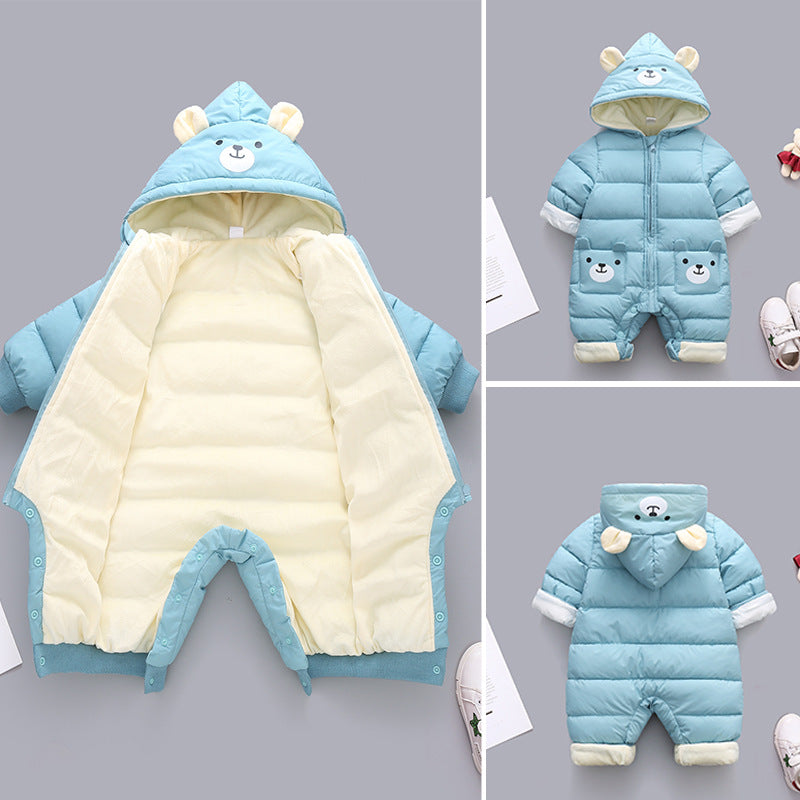 Light blue baby snowsuit with bear ears and face on the hood. Features front view, inside lining, and folded style with cute bear motifs on pockets. Perfect for cold weather.