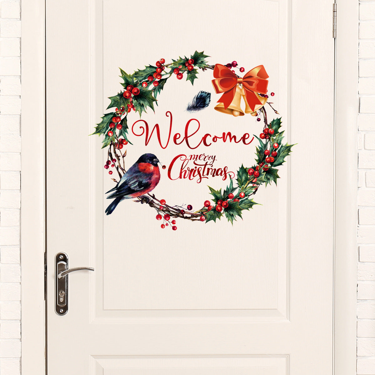 Festive door wreath with holly, red berries, and a bow, featuring a robin. The text reads "Welcome Merry Christmas" in red script. A white door with a silver handle is visible.