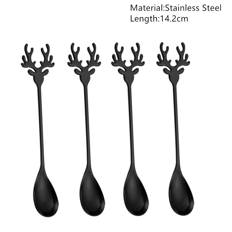 Four black stainless steel spoons, 14.2 cm long, feature decorative handles resembling deer antlers.