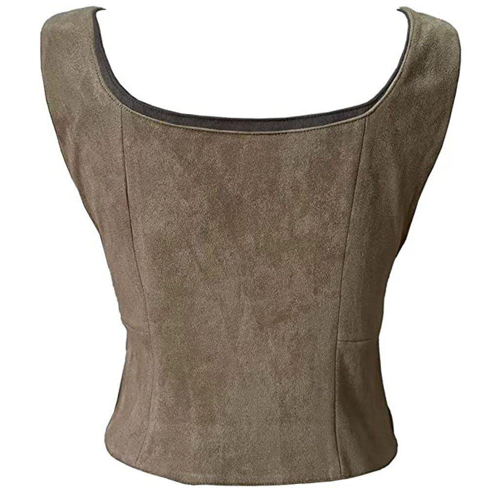 Back view of a sleeveless, brown cropped top with a scooped neckline and tailored seams. The fabric appears suede-like, offering a soft texture and structured fit.