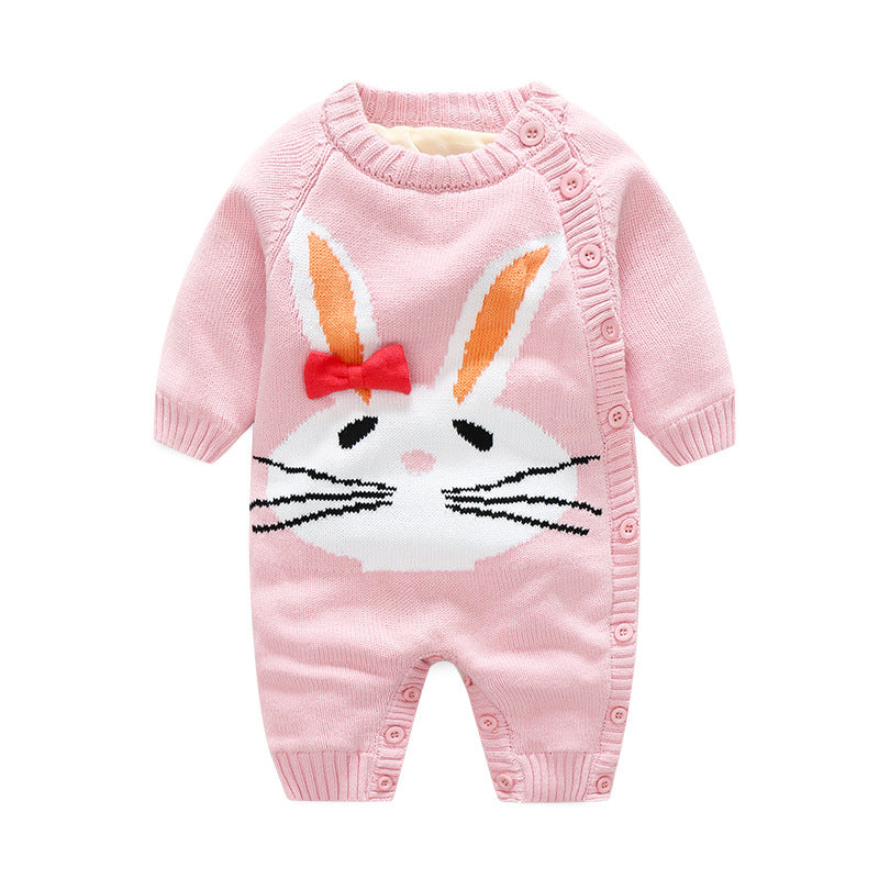 Pink infant romper with a cute bunny design, featuring long sleeves, button closures, and a white face with orange ears, a red bow, and black whiskers.