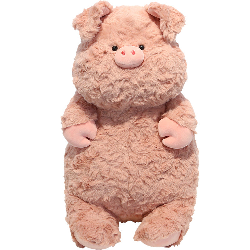 A fluffy, pink plush pig toy with short limbs, perky ears, and a small snout, sitting upright against a white background.