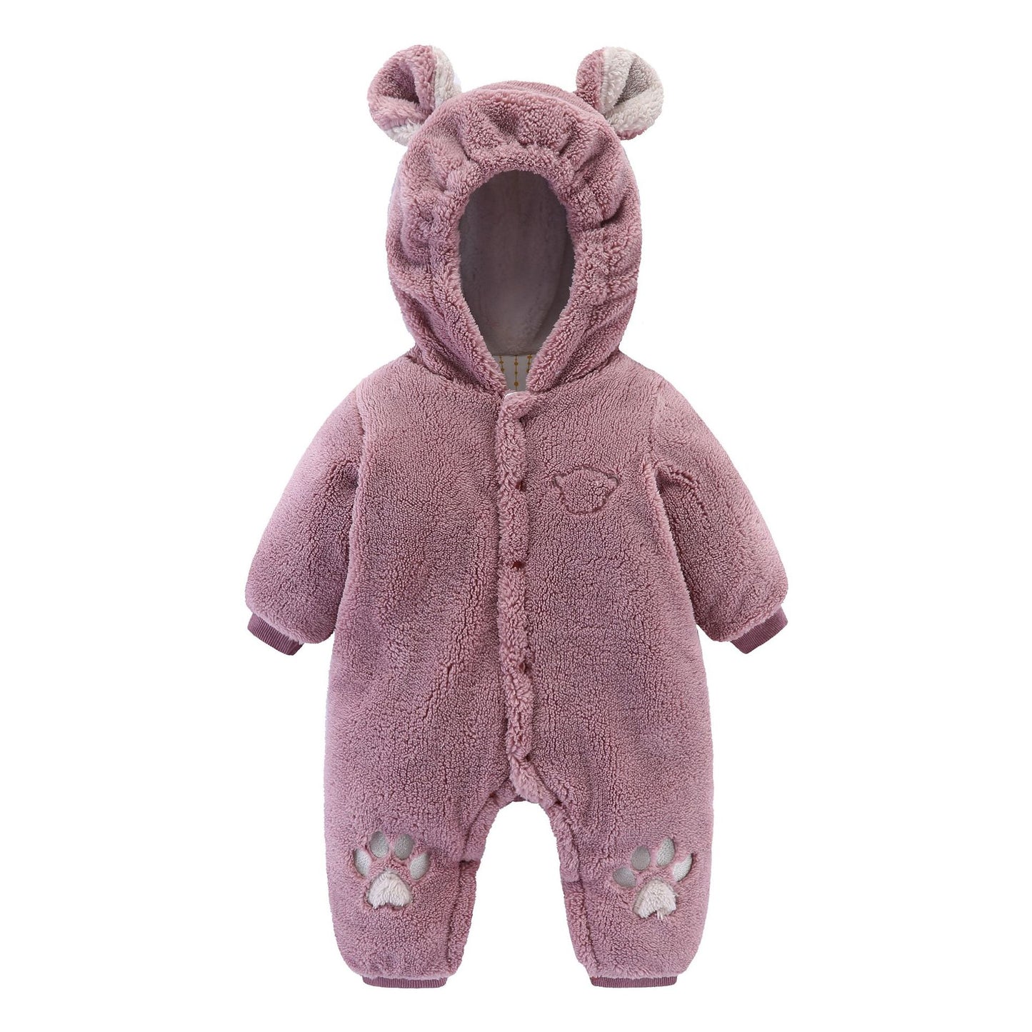 Plush pink baby jumpsuit with hood. Features bear ears on top and cute paw prints on feet. Quilted texture for warmth. Snaps run down the front for easy access.