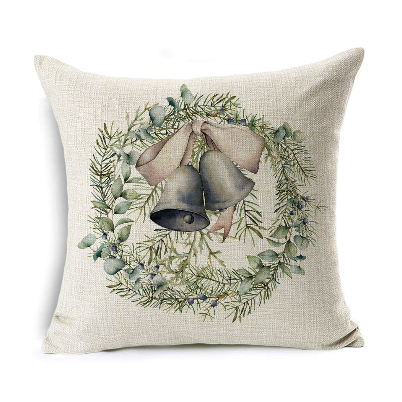 Square pillow with a festive design of two bells hanging from a bow, surrounded by a wreath of green foliage and small berries on a textured beige background.