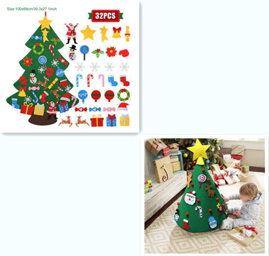 Child decorating a felt Christmas tree with various ornaments. Top image shows 32 detachable decorations, including Santas, snowflakes, and candy canes. Bottom image shows child in a cozy room.