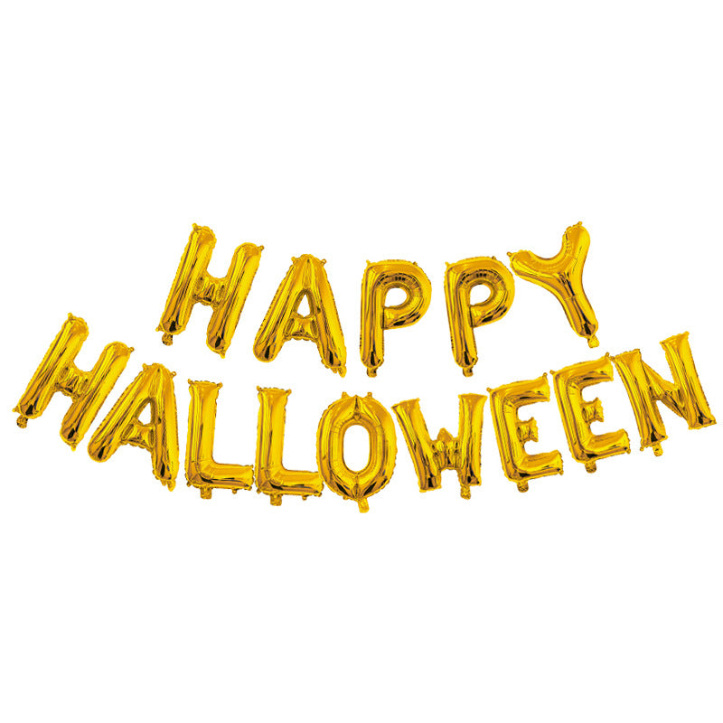 Gold foil balloons spell "Happy Halloween" against a white background. The letters are large and shiny, arranged in two curved lines, with "Happy" on top and "Halloween" below, creating a festive and celebratory Halloween decoration.