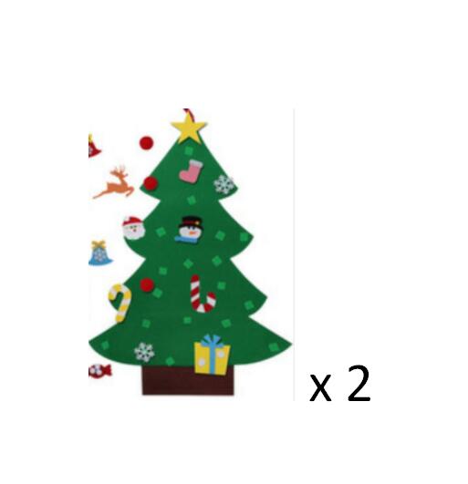 Green felt Christmas tree with ornaments like a star, candy cane, gift, and snowflakes. Includes detachable items such as a reindeer and Santa face. Quantity: two.