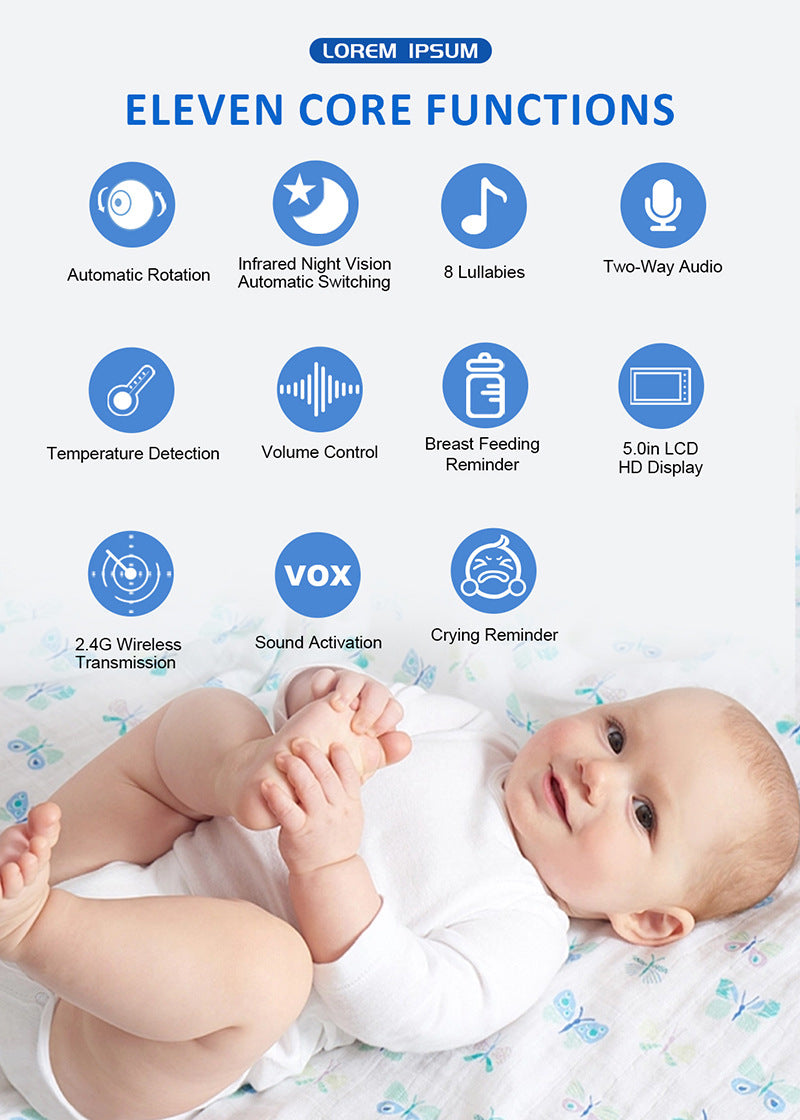 Infographic showing eleven core functions of a baby monitor, including automatic rotation, night vision, lullabies, two-way audio, temperature detection, and crying reminder. Baby is smiling.