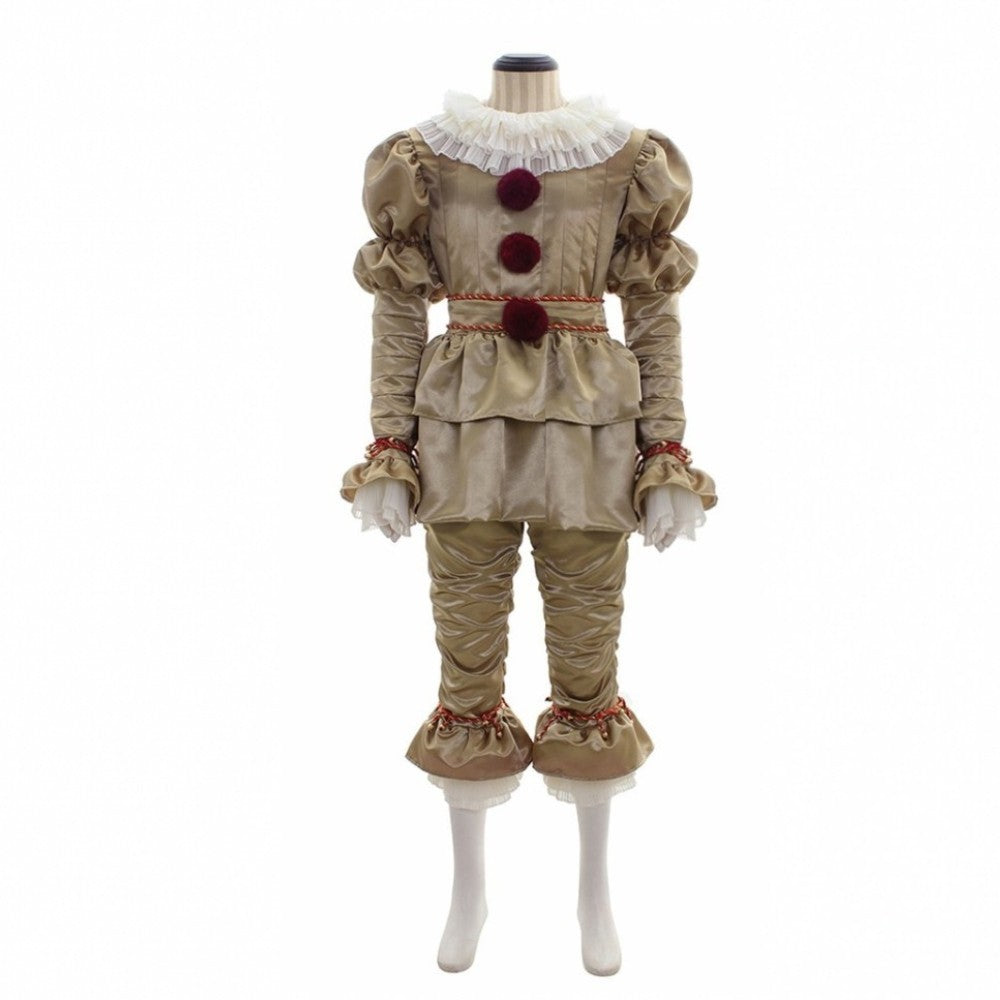 Child-sized clown costume on a mannequin, featuring a satin finish, puffy sleeves, white ruffled collar, and maroon pom-poms. Matching pants with ruffled cuffs complete the outfit.