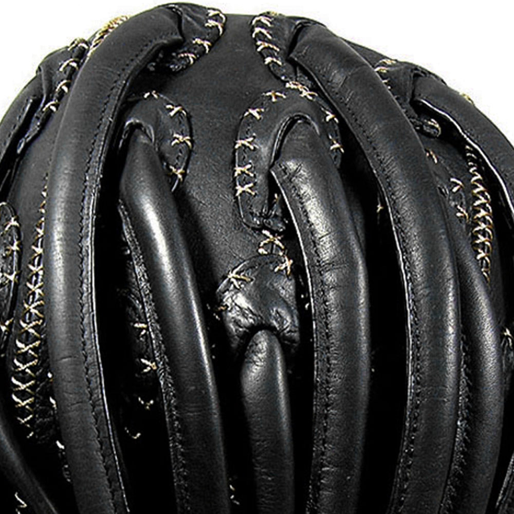 Close-up of a black leather garment with intricate stitching and folded, looped sections. The texture appears soft, with shiny surfaces and contrasting thread.