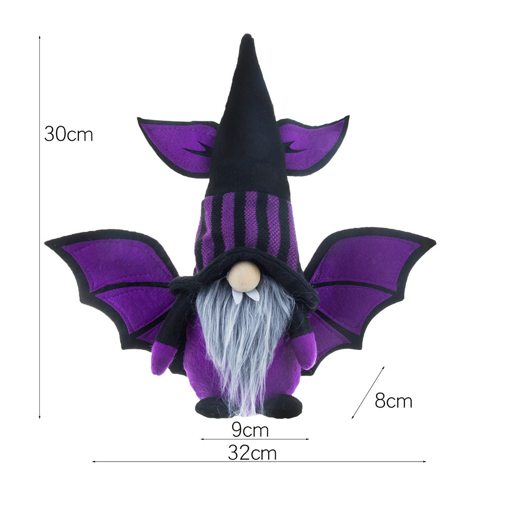 A whimsical gnome with a black and purple hat and bat wings stands 30 cm tall. It features a gray beard, purple and black striped torso, and is 32 cm wide. The dimensions are marked around the gnome, with the base width at 9 cm and wing span at 8 cm.