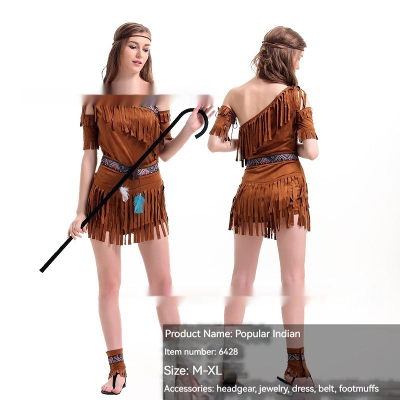 A woman wears a fringed brown costume with a patterned belt and headband, holding a staff. Accessories include feather details. Text overlay shows product information and sizes M-XL.