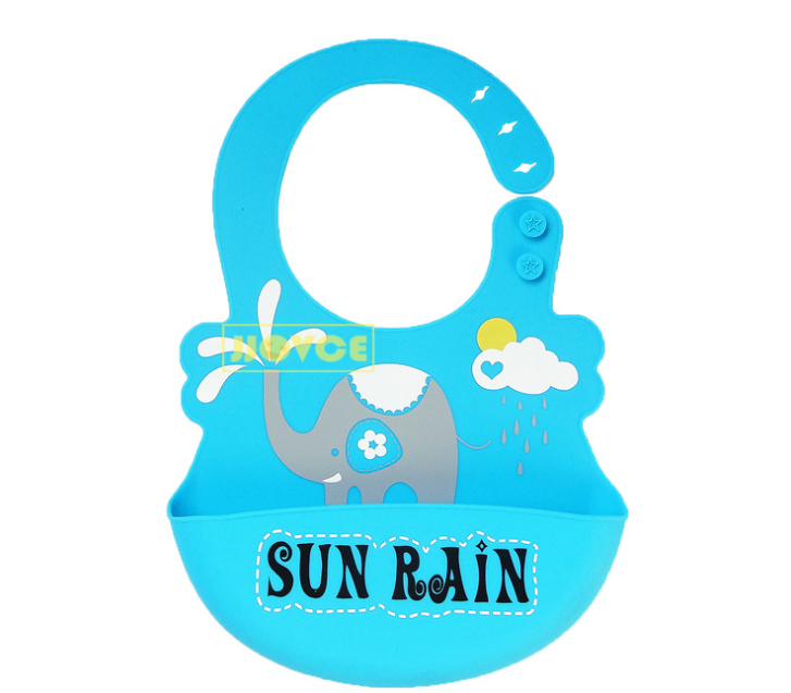 Blue silicone baby bib with a cartoon elephant design, sun, cloud, and rain icon. Features a catch pocket and adjustable buttons. Text reads "SUN RAIN."