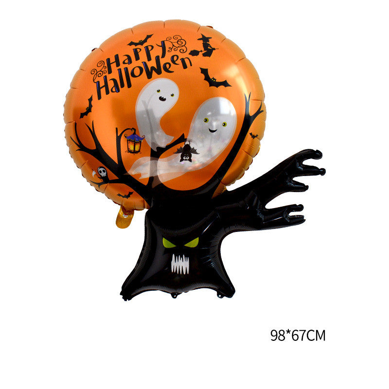 "Halloween balloon featuring ghosts, bats, and spooky tree with a menacing face on an orange background. Text reads 'Happy Halloween.' Dimensions: 98x67cm."