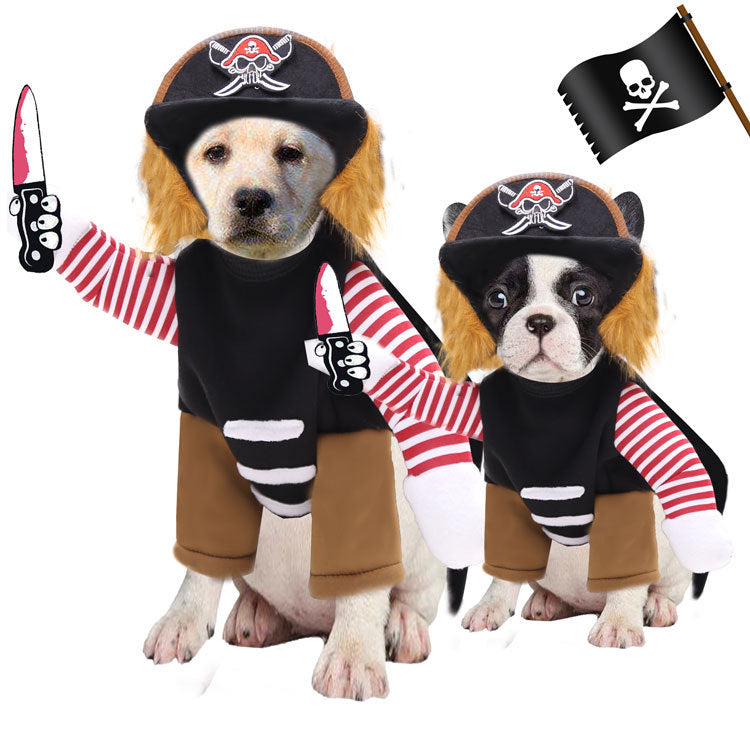 Two dogs dressed as pirates with black hats, red and white striped shirts, and faux arms holding knives. A pirate flag is in the background.