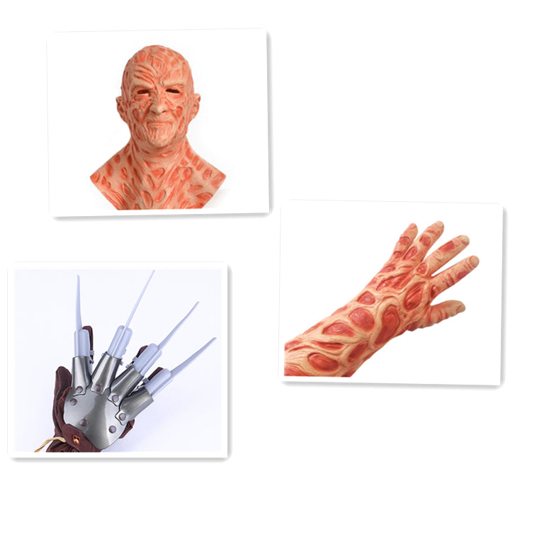 Rubber mask and hand with a burned skin effect, paired with a metallic glove featuring long, sharp blades. Suitable for a horror costume or Halloween cosplay.