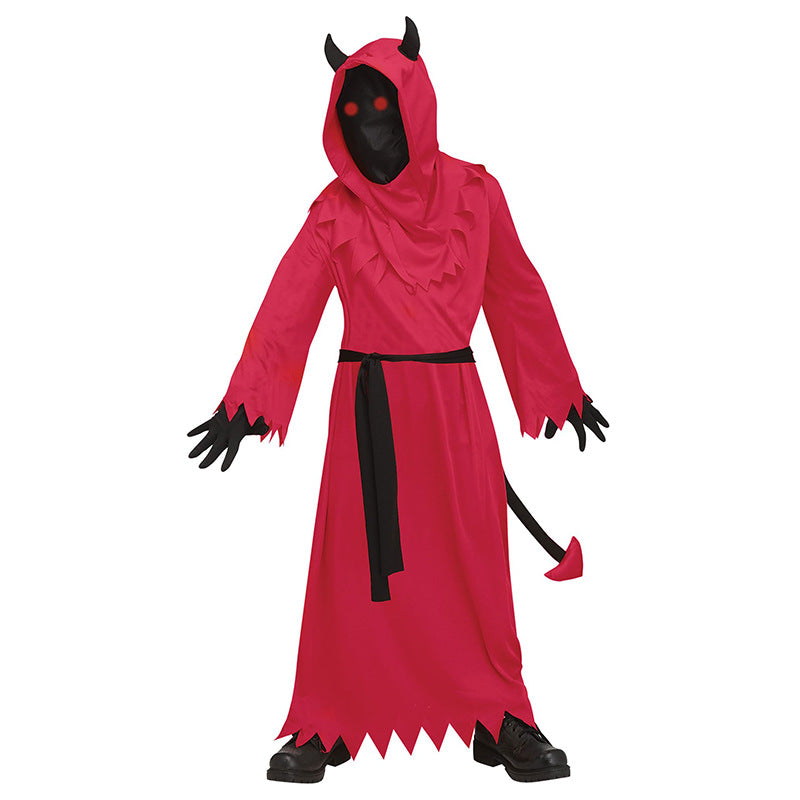 Person in a red devil costume with black gloves and shoes. The outfit features a hood, pointed tail, and glowing red eyes, creating a spooky Halloween appearance.