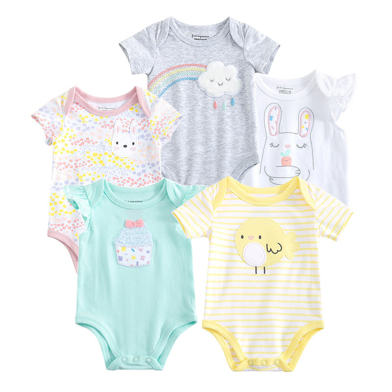 Five colorful baby onesies with playful designs: animals, rainbow, cupcake, and stripes. Each has unique motifs and pastel colors, perfect for a cheerful baby wardrobe.
